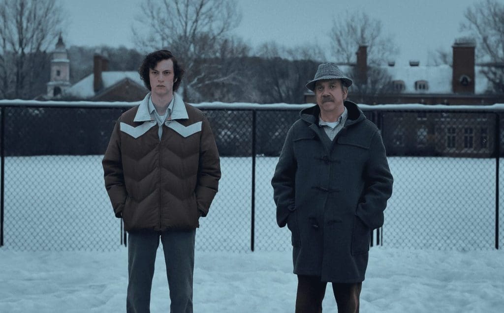 Dominic Sessa and Paul Giamatti in The Holdovers (2023). By Alexander Payne. 